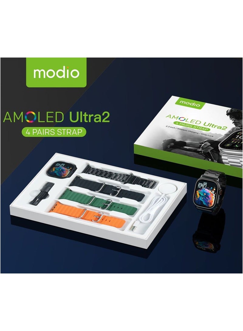 modio ساعة ذكية Ultra 2 بشاشة AMOLED كاملة بحجم 2.3 بوصة مع 4 أزواج من الأشرطة وشاحن لاسلكي مصممة للرجال والأولاد باللون الأسود - Image 2